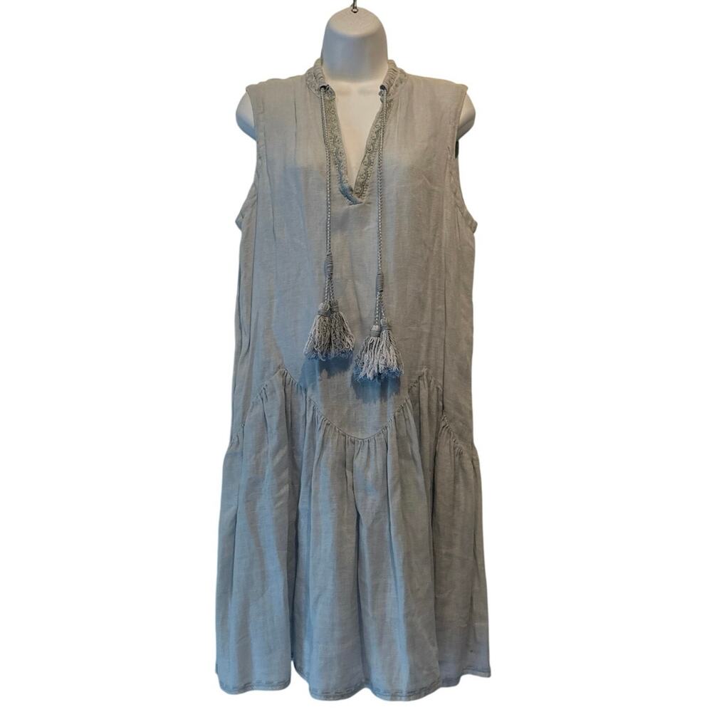 Johnny Was 100% Linen Chambray Dress with Tassles & Embroidery Oversized S EUC